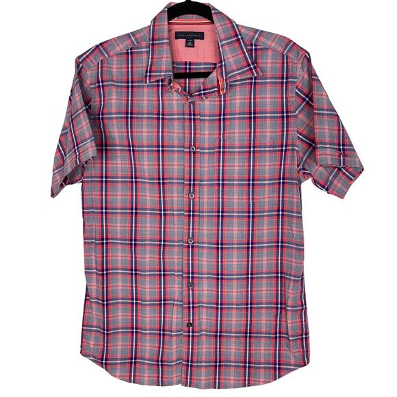 Banana Republic Mens M 15-15.5 Pink Blue Plaid Short Sleeve Button Down Shirt - Picture 1 of 8